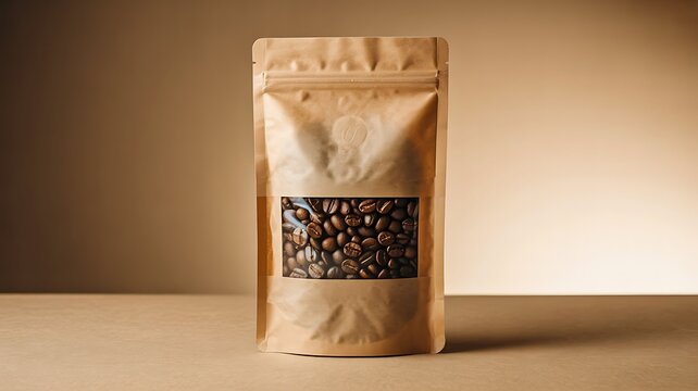 Brown paper coffee bag packaging with beans on clean background
