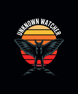 Mothman Creature Standing on Rocks Against Sunset Vector Art