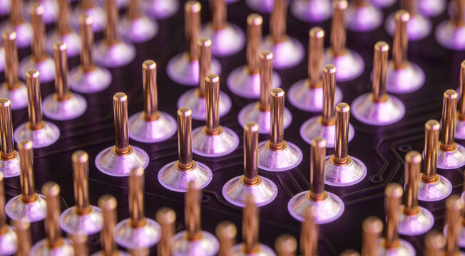 Macro Of Gold Plated Processor Pins Array On Black Circuit Board With Purple Ambient Lighting