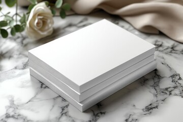 Fototapeta premium Stack of blank business cards on marble surface with soft rose, elegant and romantic setting for feminine branding