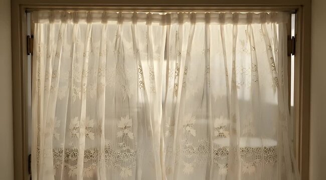 Sheer patterned curtains open to reveal a blurred cafe interior with tables and chairs