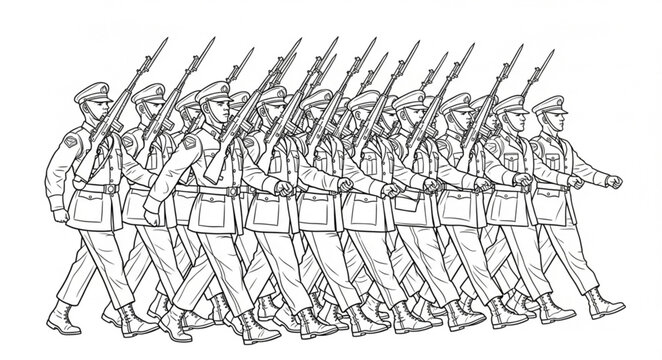 Line of soldiers marching in formation with rifles.