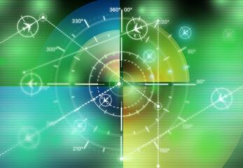 Radar navigation interface, aviation monitoring screen. Simulation display tracks aircraft positions and flight routes across global airspace for passenger and cargo transportation. © Grispb