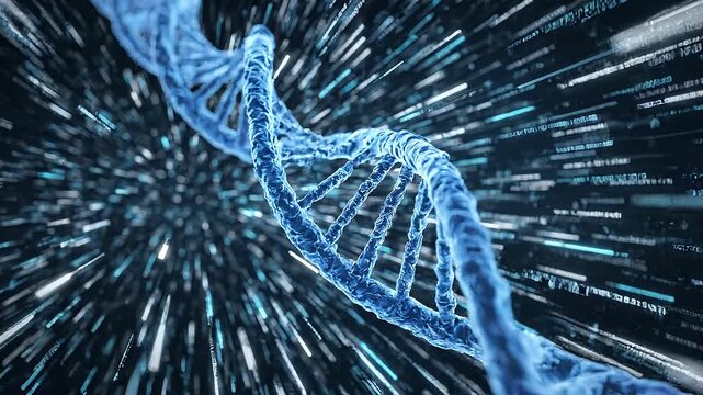 Digital representation of a blue DNA helix structure with a background of streaks of light suggesting speed and data