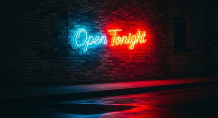 Naklejka premium Neon Open Sign on Brick Wall with Reflections at Night