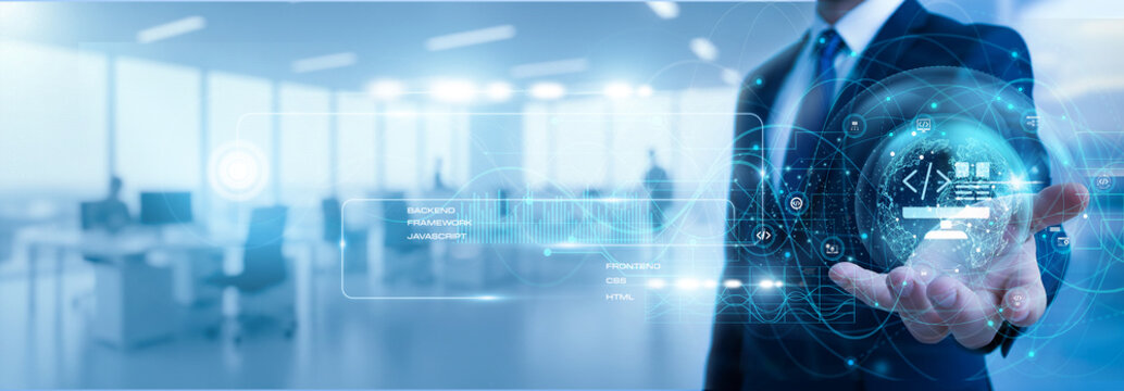 Developer holding web development project showing website growth graph with coding interface, programming system, online platform, software creation, digital network progress, web technology concept.
