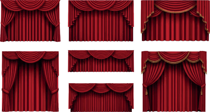 Set of luxurious red theatre curtains with golden trim, featuring pleated designs, swags, and valances for a dramatic stage backdrop, theater curtains, drapery design