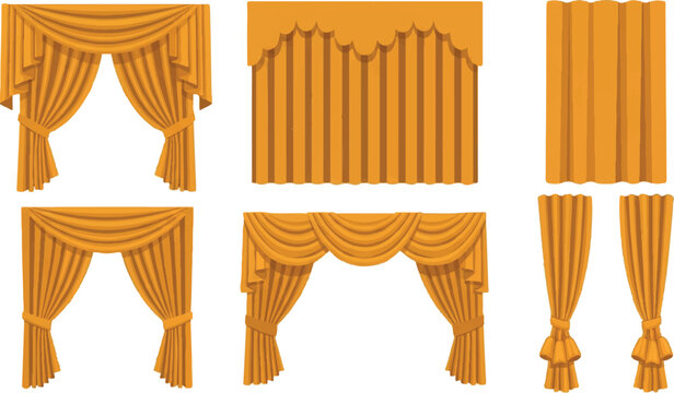 Golden orange drapes and pleated curtains, elegant valances and fabric elements for stage or interior design, graphic set, theater curtains, stage backdrop, window treatment