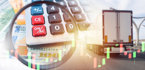 Transport logistics finance, cost calculation for freight delivery using calculator and financial data, analyzing trucking expenses and shipping rates in supply chain management © Grispb