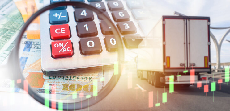 Transport logistics finance, cost calculation for freight delivery using calculator and financial data, analyzing trucking expenses and shipping rates in supply chain management