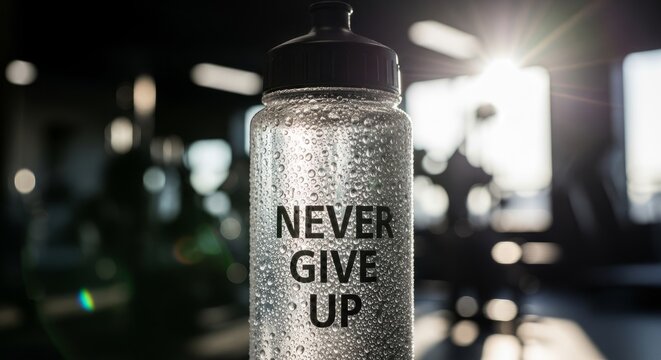 Motivational water bottle with 'Never Give Up' message in gym