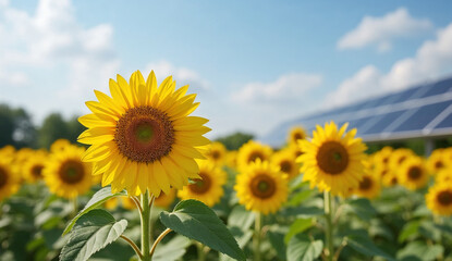 Obraz premium Bright yellow sunflowers with a solar panel roof in the background.