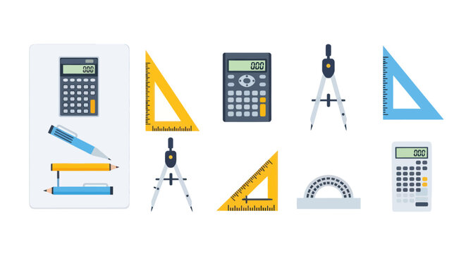 Set of Mathematical Instruments: Calculators Rulers Compasses Pencils and Protractor for Geometry and Calculation.