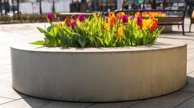Tulips blooming in a concrete planter