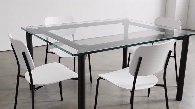 Sleek and inviting modern dining setup featuring a clear glass table and four white designer chairs, embodying contemporary comfort and minimalist aesthetic for various indoor environments
