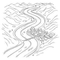 Fototapeta premium Black and white line of a city with winding roads and mountains line city buildings