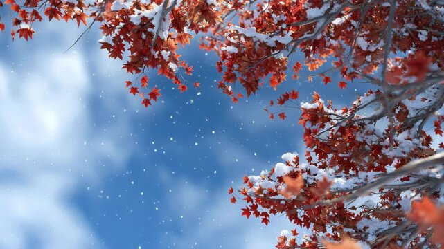 初雪が残る紅葉の楓を見上げる晩秋の風景、人物なし、澄んだ冬の空