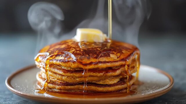Stack of fluffy pancakes drenched in warm maple syrup with a melting pat of butter on top, served on a plate for a cozy breakfast scene