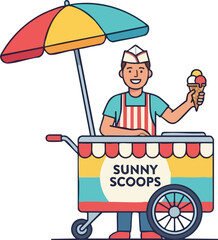 Cartoon ice cream vendor with colorful cart and umbrella