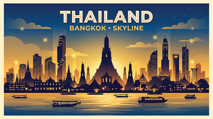 Obraz premium Vibrant Bangkok cityscape at sunset, Thailand skyline with boats on river and temple silhouette.