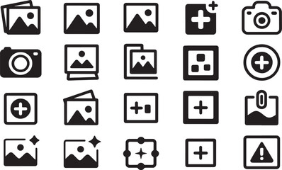 Collection of black and white representing gallery and add plus symbols
