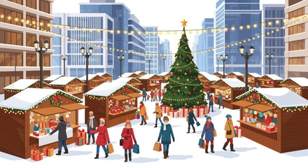 Christmas Market Scene with Decorated Tree and Stalls in Snowy City Square © Wild