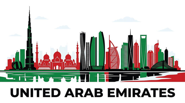 Vibrant cityscape of United Arab Emirates with iconic skyline, modern architecture, and national flag colors.
