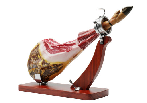 whole, deep reddish-pink serrano ham leg on a dark mahogany jamonero stand, isolated on white. carved meat reveals ruby marbling, glossy texture, and thick fat layer, emphasized by cinematic studio