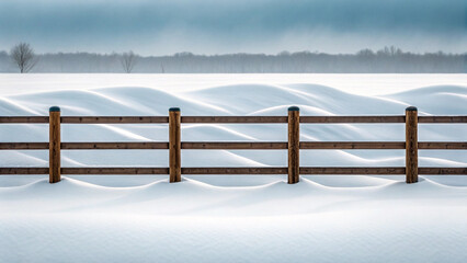 Obraz premium Winter storm snowdrift remote landscape with wooden fence and rolling snow field under moody sky creating peaceful serene countryside scene