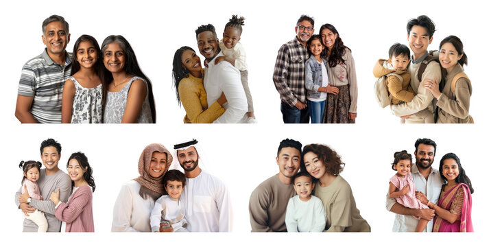 PNG Diverse families embracing happiness, transparent background