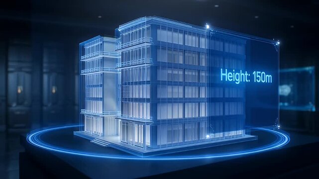 Architectural model of a high rise building with blue outline and lighting