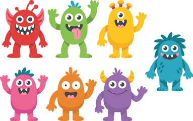 Cute colorful monster cartoon characters set featuring friendly aliens with big eyes, horns, and happy smiles for kids' party and education.