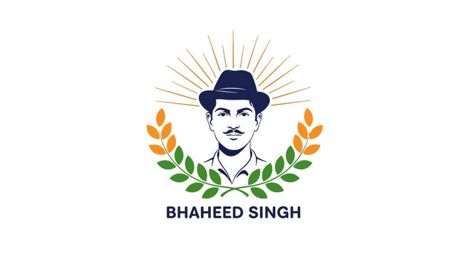 Illustration of Bhagat Singh's patriotic silhouette with Indian flag and laurels on Shaheed Diwas, a tribute to the Indian martyr in a vector graphic