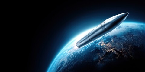 Fototapeta premium Ballistic missile launching from Earth's orbit into deep space with glowing atmosphere