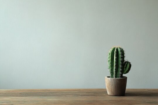 A cactus plant is placed on a wooden table. The background features a plain wall. Natural light fills the space, creating a light atmosphere without distractions