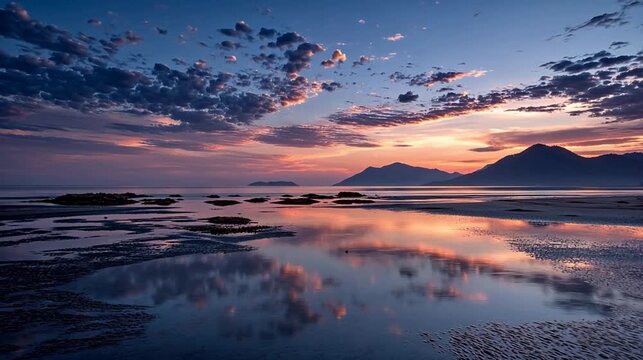 Beach at sunset with mountain reflection