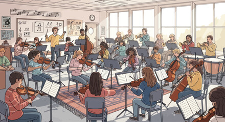 Diverse Students Orchestra Practice in Classroom with Teacher © Udin