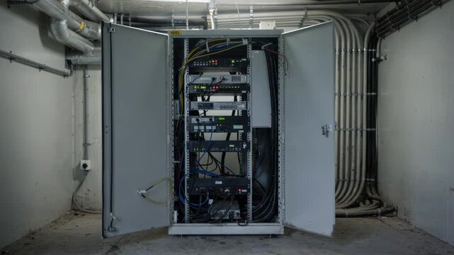 Wireless base station hut interior in rural setting medium shot highlighting central equipment cabinet softfocused cooling pipes and wiring in background.
