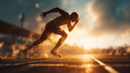 ultra realistic teenage runner starting sprint on track field, explosive start of male athlete in sunset stadium, athletic performance and high speed sports photography