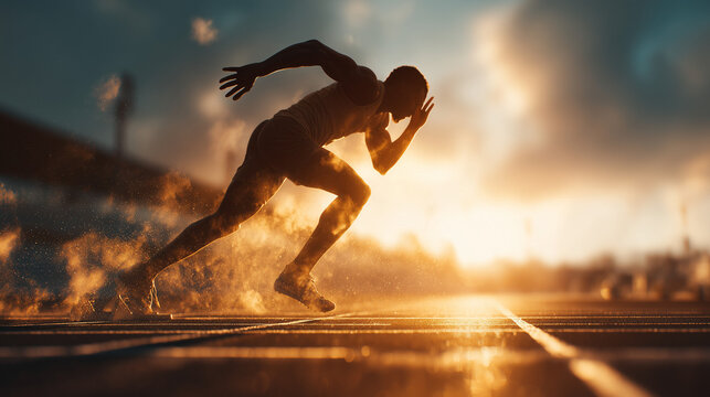 ultra realistic teenage runner starting sprint on track field, explosive start of male athlete in sunset stadium, athletic performance and high speed sports photography