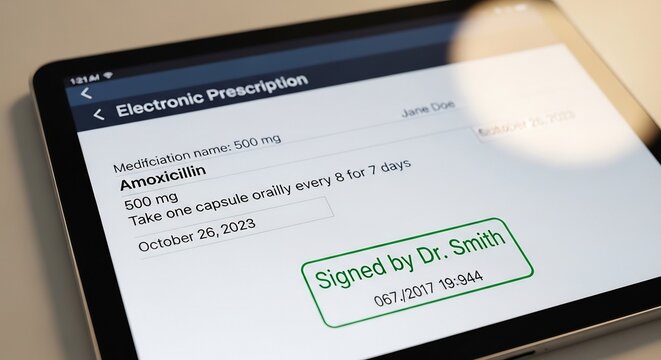 Electronic Prescription for Amoxicillin Displayed on a Tablet Screen.