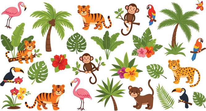 Cute Tropical Jungle Animal Collection with Tiger, Monkey, Flamingo, Toucan, and Exotic Palm Leaves for Children's Illustrations, Nursery Decor, and Safari Birthday Party Designs