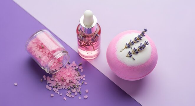 Lavender bath bomb, pink salts, and essential oil on purple background, relaxing spa and wellness products