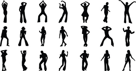 Set of domestic cat silhouettes featuring various feline poses like sitting, walking, jumping, stretching, and playing for pet shop and animal veterinary graphics. © Masud