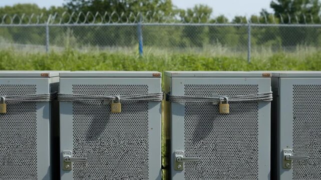 Medium shot focused on a fenced compound featuring a compact edge data hub foreground sharp on locked cabinet doors with soft focus security fencing and greenery behind.