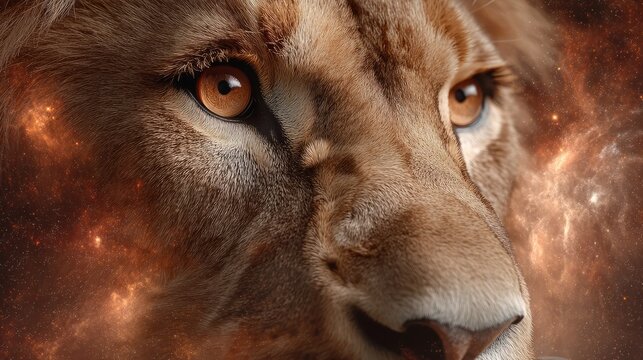 Stunning Close-Up of a Lion's Face with Fiery Orange Tones and Depth