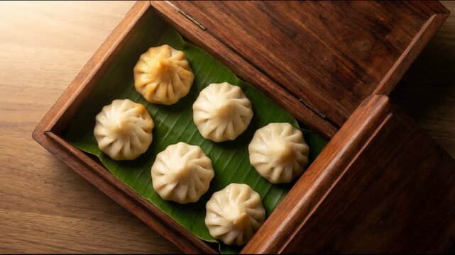 Six Traditional Modak Dumplings Presented in a Rustic Wooden Box Lined with a Vibrant Green Banana Leaf Illuminated by Warm Golden Hour Light on a Textured Wooden Surface