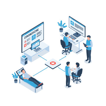 Isometric illustration of telemedicine and digital healthcare services connecting patients and doctors remotely for online consultation.