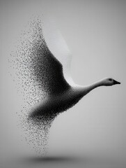 Obraz premium Abstract digital art of a swan dissolving into particles while flying against a gray background