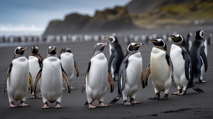 Obraz premium Gentoo Penguin Colony Walking Along Black Sand Beach in Antarctica with Dramatic Coastal Cliffs and Ocean Waves, Stunning Wildlife Scene of Penguins Gathering in Natural Polar Habitat